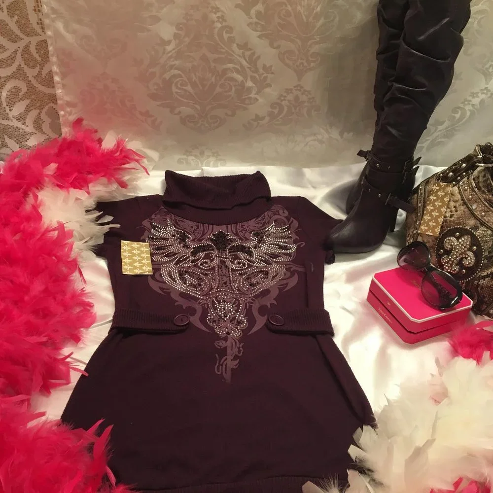 RARE FIND y2k deep purple dereon sweater dress with crystal details! - Picture 1 of 16